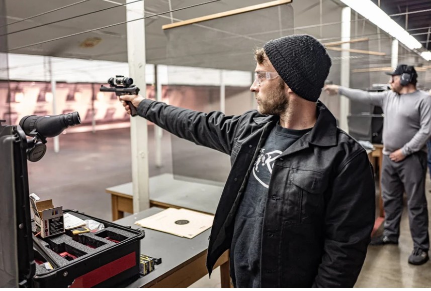 A member of the PRPC pistol team on the indoor range